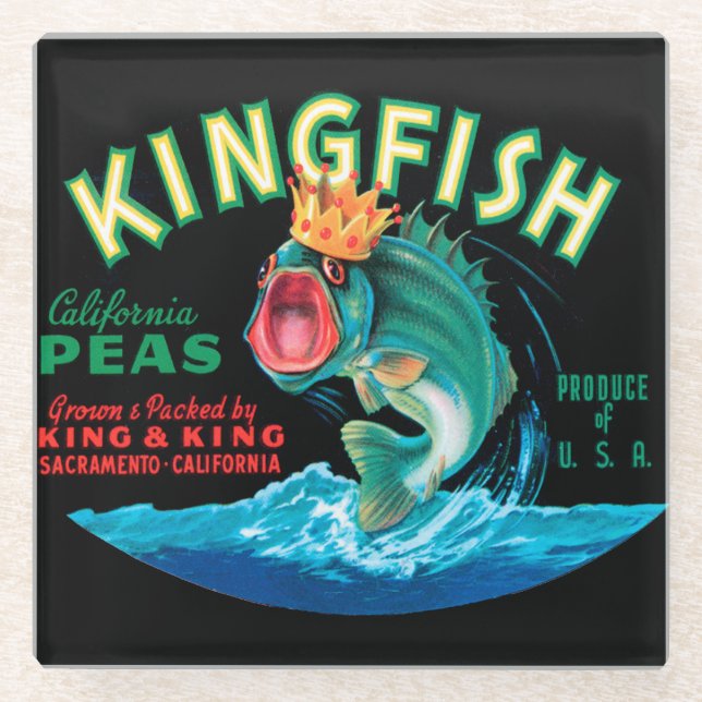 Bass Fish Wearing a Crown on a Black Background Glass Coaster (Front)
