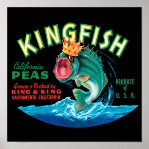 Bass Fish Wearing a Crown on a Black Background Poster