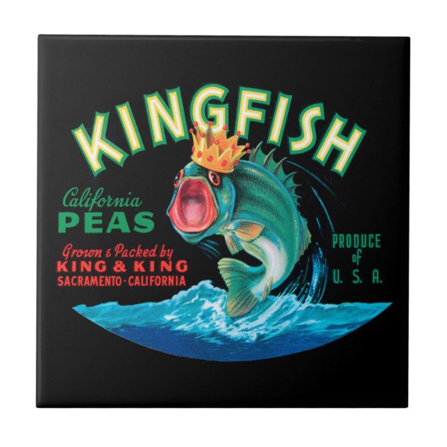 Bass Fish Wearing a Crown on a Black Background Tile (Front)