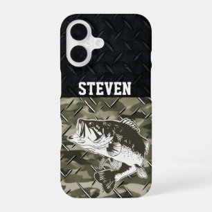 Bass Fishing Black Camo Diamond Plate Outdoors iPhone 16 Case