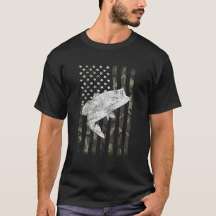Bass Fishing Camouflage Flag Big Mouth On Back T-Shirt