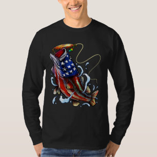Bass Fishing Fish American Flag Dad Father Fourth  T-Shirt