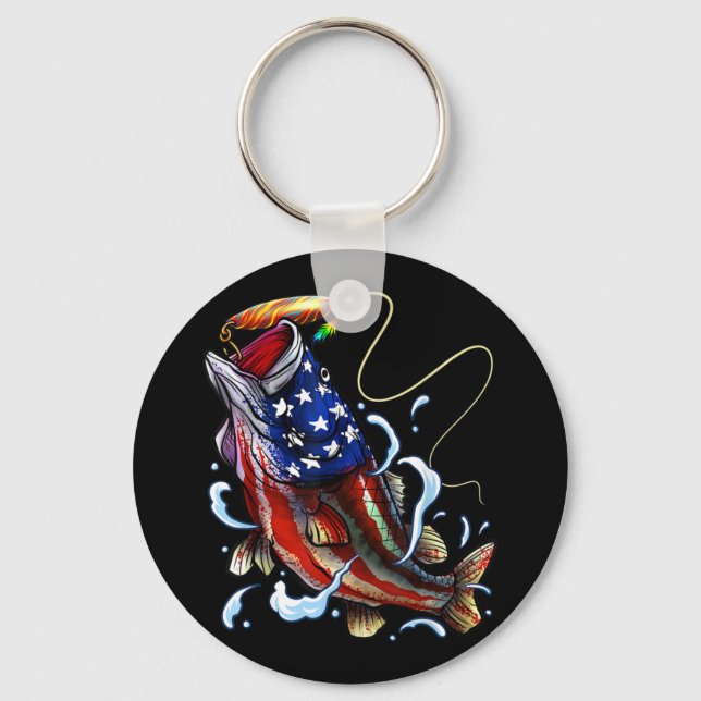 Bass Fishing Fish American Flag Patriotic Fishing Key Ring (Front)