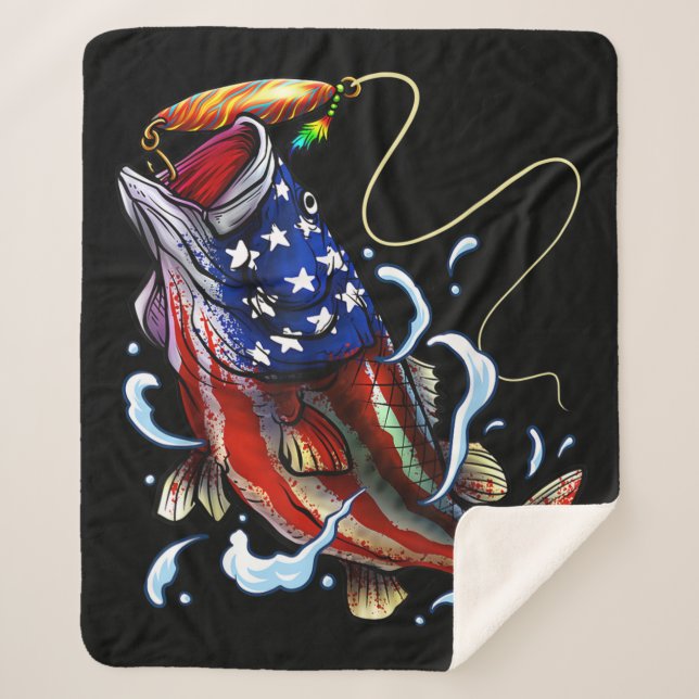 Bass Fishing Fish American Flag Patriotic Fishing Sherpa Blanket (Front)