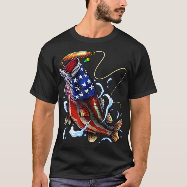 Bass Fishing Fish American Flag Patriotic Fishing T-Shirt (Front)