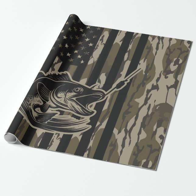 Bass Fishing Fisherman Camo Flag Bottomland Camo Wrapping Paper (Unrolled)