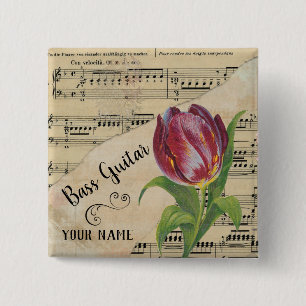 Bass Guitar Tulip Vintage Sheet Music Customised 15 Cm Square Badge