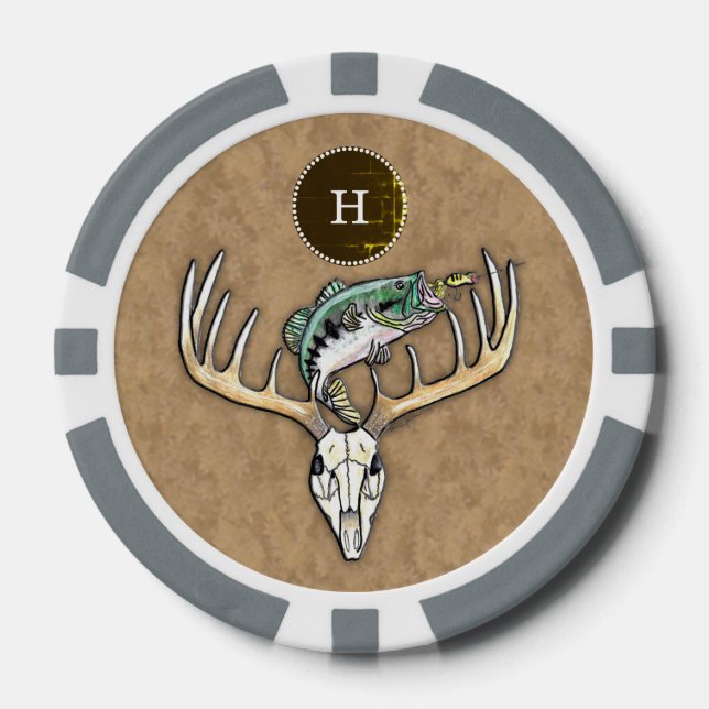 Bass Jumping over Big Buck Horns Skull Monogram Poker Chips (Front)