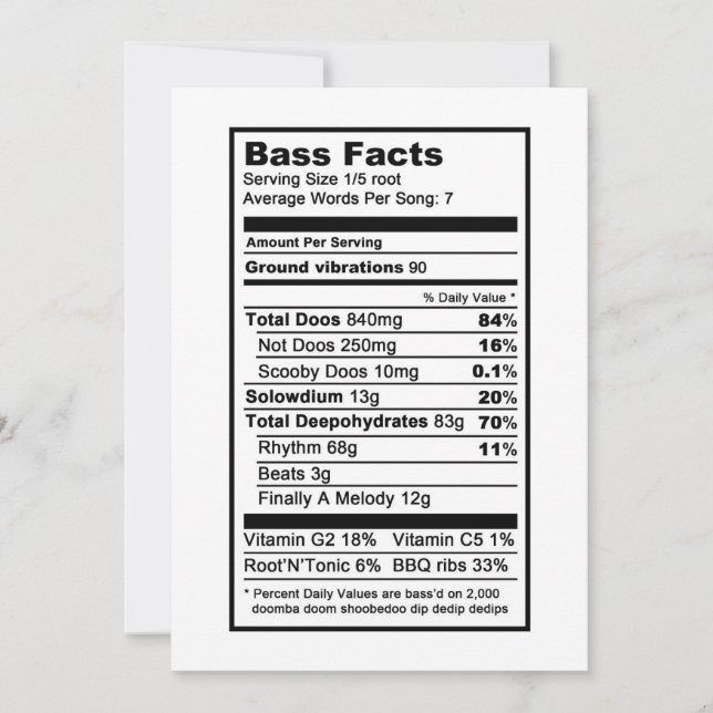 Bass singer "Nutritional Information Label" Card (Front)