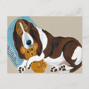 Basset Asleep With Teddy Postcard