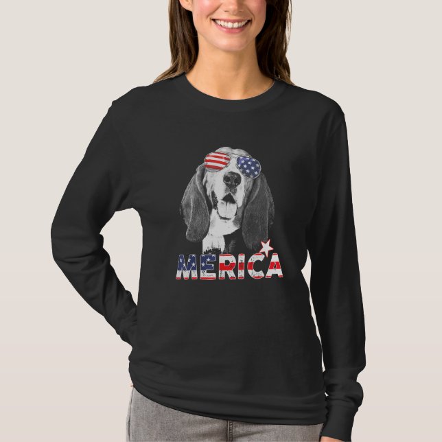Basset Hound 4th Of July American Sunglass Us Flag T-Shirt (Front)