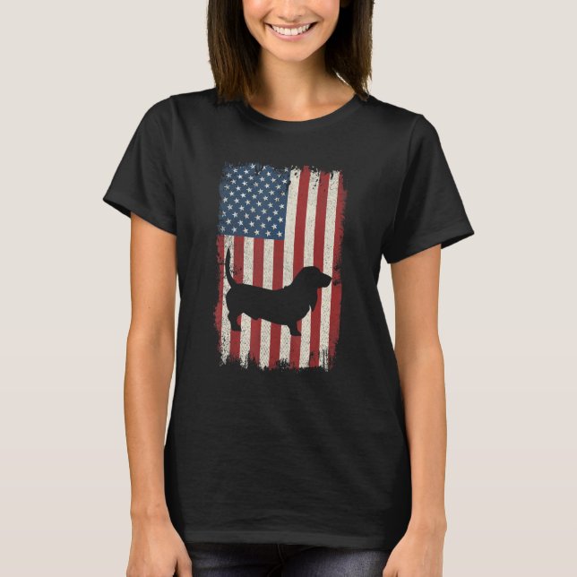 Basset Hound American Flag Usa Dog  Puppy Us T-Shirt (Front)