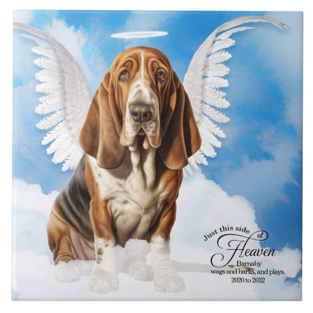 Basset Hound Angel Dog Personalised Pet Memorial Tile (Front)