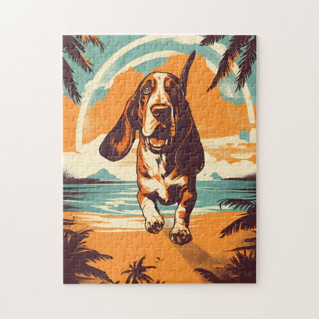 Basset Hound at a tropical beach during sunset Jigsaw Puzzle (Vertical)