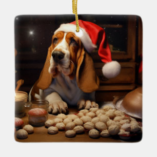Basset Hound Baking Christmas Cookies Ceramic Ornament