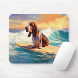 Basset Hound Beach Surfing Painting Mouse Pad