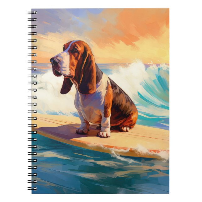 Basset Hound Beach Surfing Painting Notebook (Front)