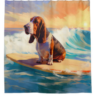 Basset Hound Beach Surfing Painting Shower Curtain
