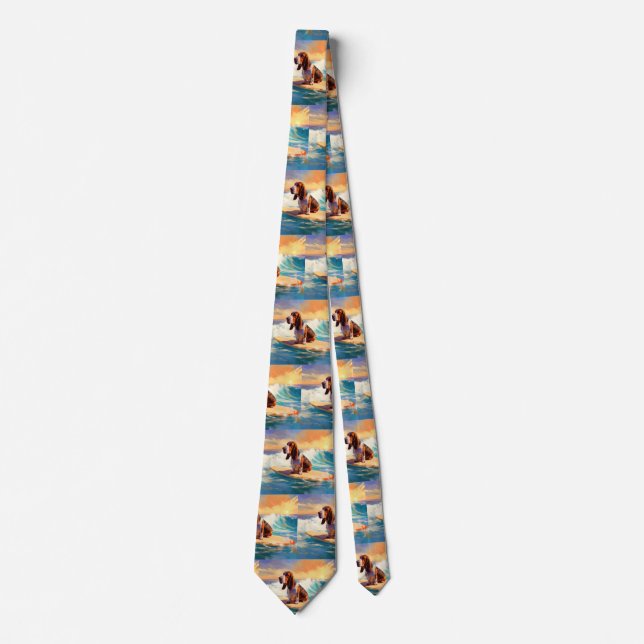 Basset Hound Beach Surfing Painting Tie (Front)