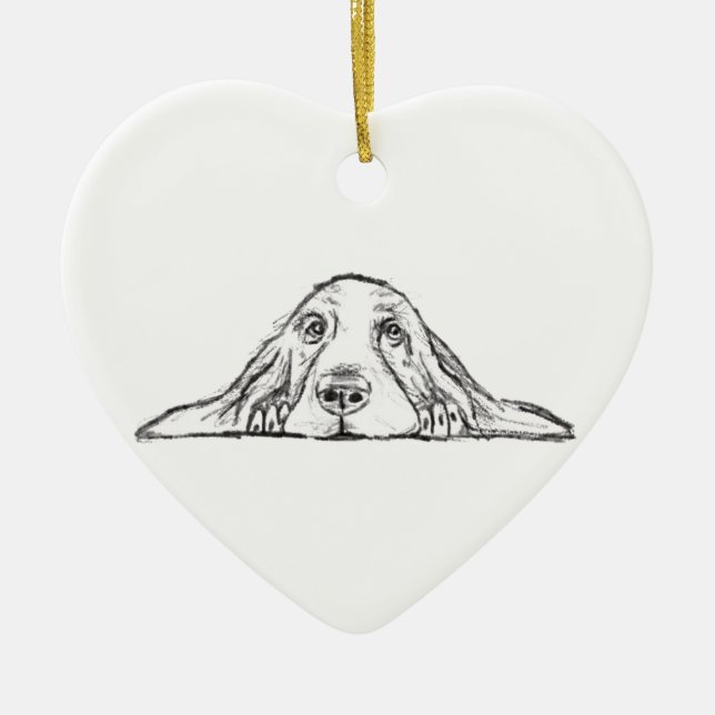 basset hound black white simple puppy dog eyes  ceramic tree decoration (Front)