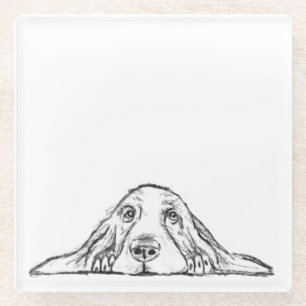 basset hound black white simple puppy dog eyes glass coaster