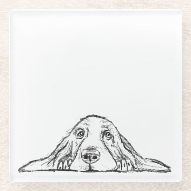 basset hound black white simple puppy dog eyes  glass coaster (Front)