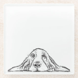 basset hound black white simple puppy dog eyes glass coaster