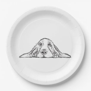 basset hound black white simple puppy dog eyes paper plate