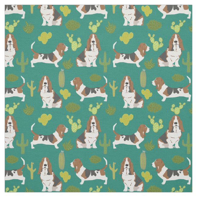 Basset hound cactus fabric - dog fabric for quilt (Swatch)