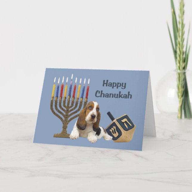 Basset Hound Chanukah Card Menorah Dreidel (Front)