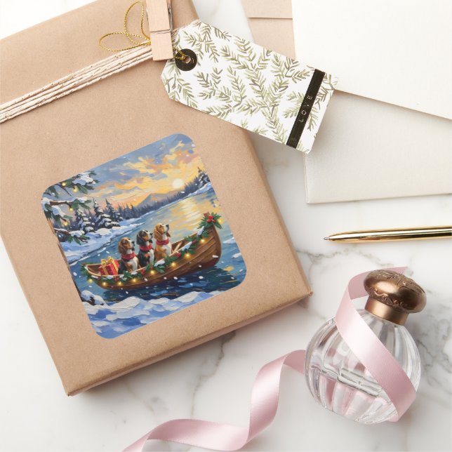 Basset Hound Christmas Boat Holiday Square Sticker (Gifting)