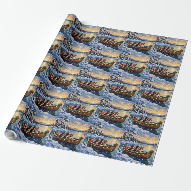 Basset Hound Christmas Boat Holiday Wrapping Paper (Unrolled)