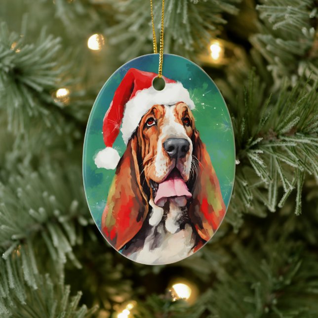 Basset Hound Christmas brush painting artwork Ceramic Tree Decoration (Tree)