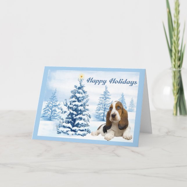 Basset Hound Christmas Card Blue Tree (Front)
