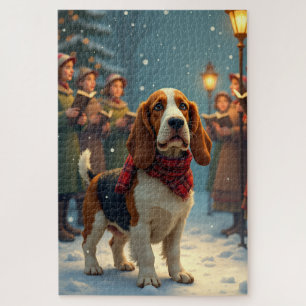 Basset Hound Christmas Carol Singers Painting Jigsaw Puzzle