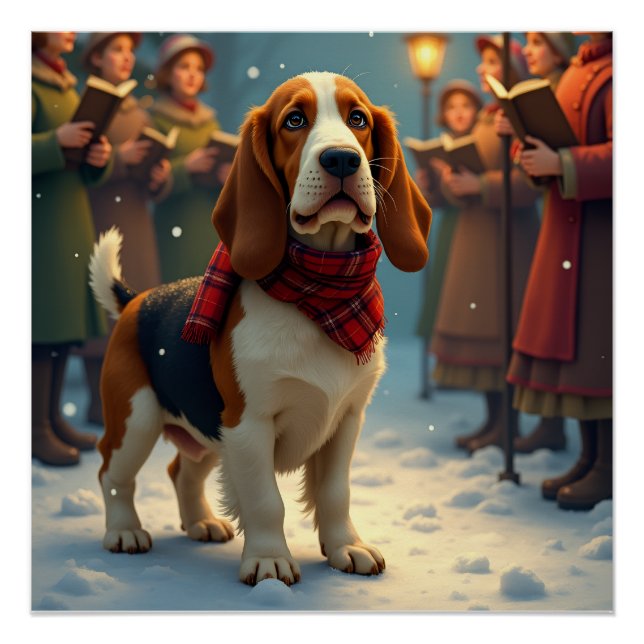 Basset Hound Christmas Carol Singers Painting Poster (Front)