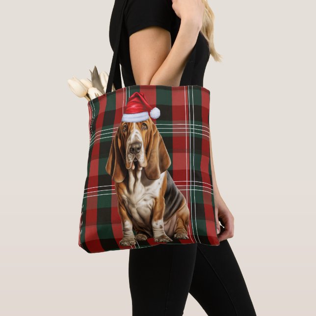 Basset Hound Christmas Dog Red Seasonal Plaid Tote Bag (Close Up)