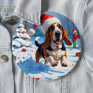 Basset Hound Christmas Festive Snow Scene 6 Cm Round Badge