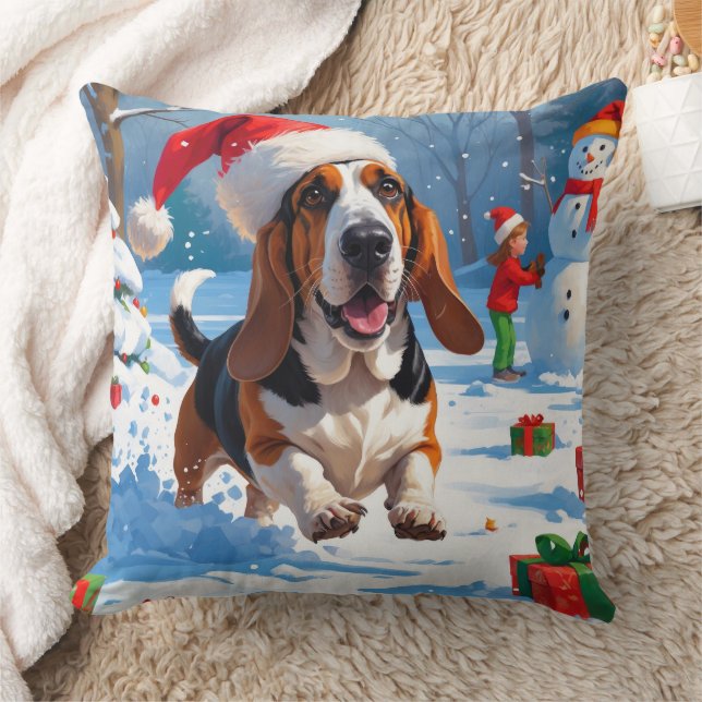 Basset Hound Christmas Festive Snow Scene Cushion (Blanket)