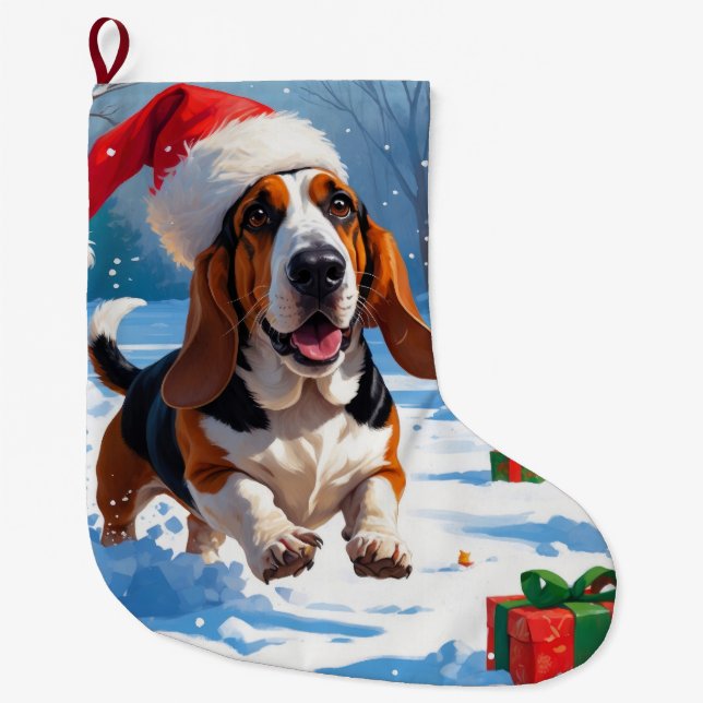 Basset Hound Christmas Festive Snow Scene Large Christmas Stocking (Front)