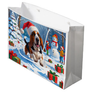 Basset Hound Christmas Festive Snow Scene Large Gift Bag