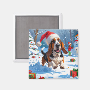 Basset Hound Christmas Festive Snow Scene Magnet