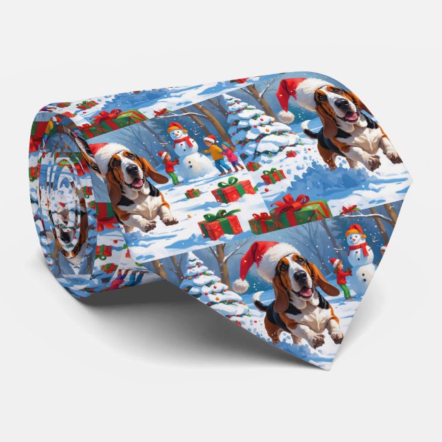 Basset Hound Christmas Festive Snow Scene Tie (Rolled)