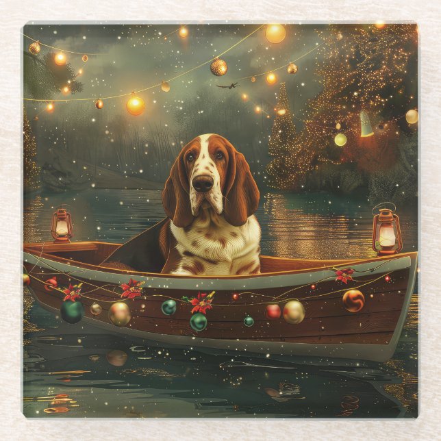 Basset Hound Christmas Festive Voyage Glass Coaster (Front)