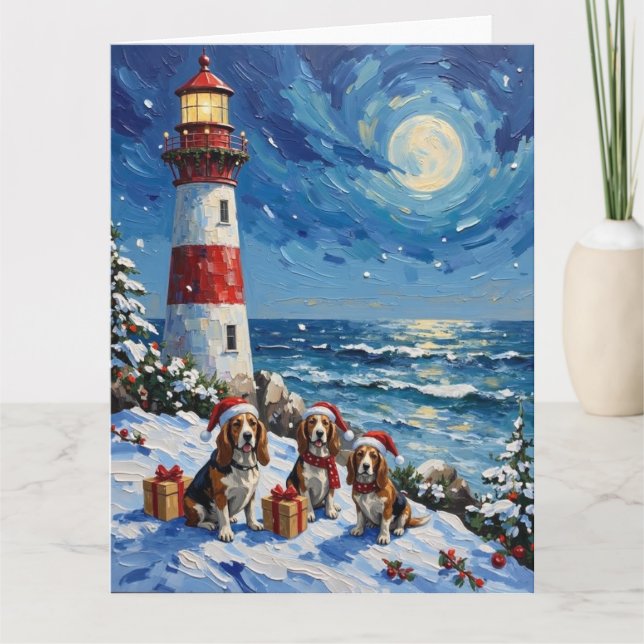 Basset Hound Christmas Lighthouse Holiday Card (Front)