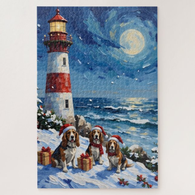 Basset Hound Christmas Lighthouse Holiday Jigsaw Puzzle (Vertical)