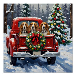 Basset Hound Christmas Red Truck Holiday Poster