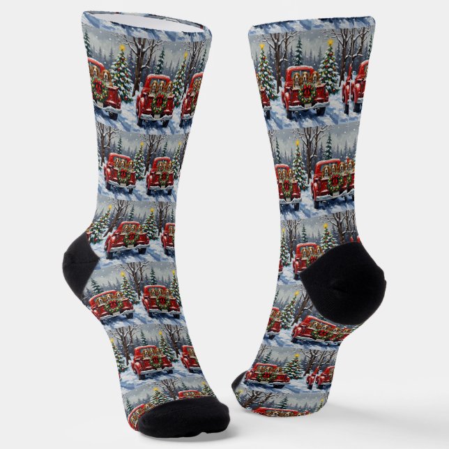 Basset Hound Christmas Red Truck Holiday Socks (Angled)