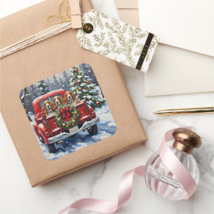 Basset Hound Christmas Red Truck Holiday Square Sticker