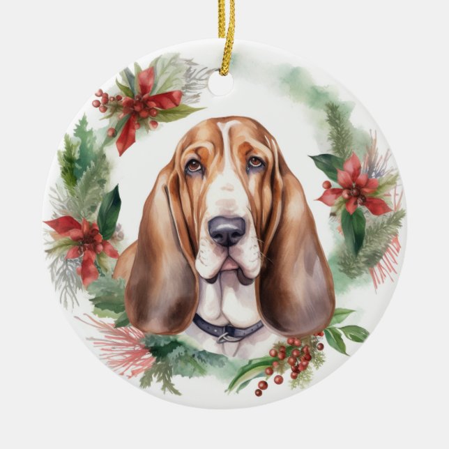 Basset Hound Christmas Wreath Festive Pup  Ceramic Tree Decoration (Front)